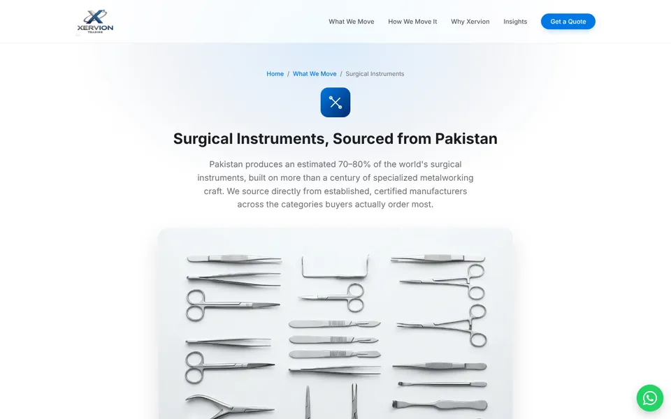 Surgical Instruments page, Xervion Trading website